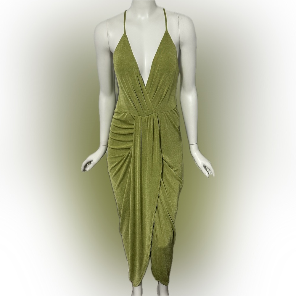 Lulu's Olive Draped V-Neck Midi Dress